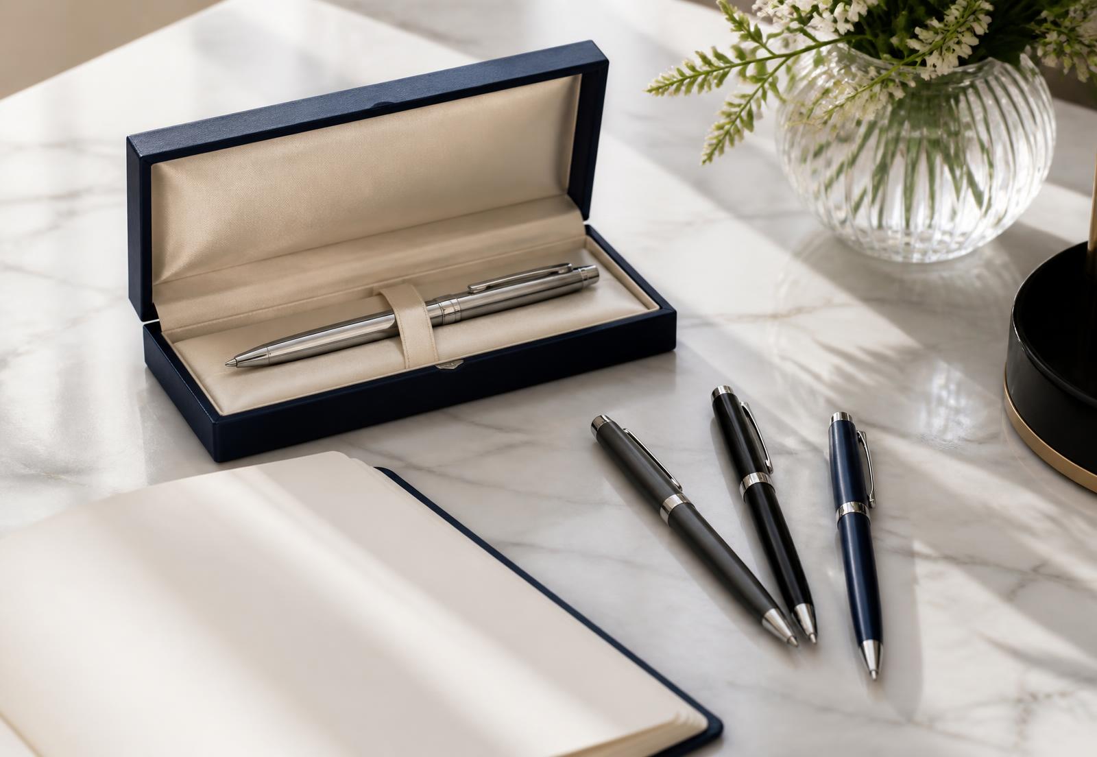 Boxed pen set, pens and a notebook on a marble writing desk